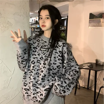 2021 Nova Retro estampa de Leopardo Solta Camisola de Outono Inverno Senhoras Meados de-Comprimento de Mangas Longas Casual Camisola de Malha Mulheres pulôver
