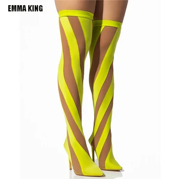 2022 Mulheres Verde De Malha Com Painéis Sobre O Joelho Meias Botas Femininas Slim Stiletto Salto Alto Coxa De Altura Elástico Longas Botas Sapatos 44