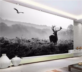 3d papel de parede personalizado com foto floresta Silenciosa manhã de nevoeiro alce preto e branco paisagem pintura 3d murais de parede papel de parede para parede 3 d