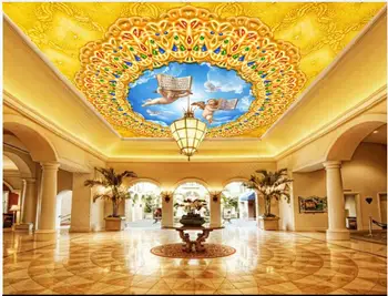 3d teto murais papel de parede personalizado com foto estilo Europeu anjo pintura a óleo luxuoso golden sky decoração de papel de parede na sala de estar