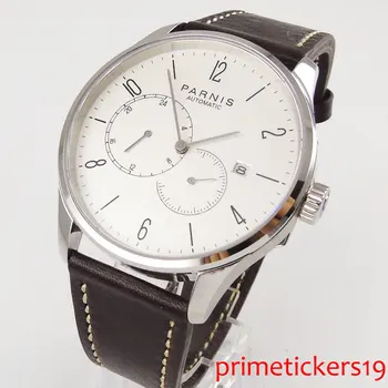 42mm PARNIS mostrador branco vidro de safira pulseira de couro de aço inoxidável caso de movimento automático mens watch PA1025