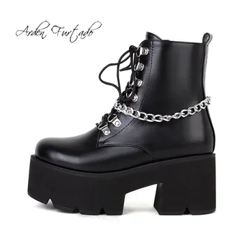 Arden Furtado 2021 de Outono, Moda de Inverno Sapatos femininos dedo do pé Redondo de Metal cadeia Casual Chunky salto Zíper senhoras botas de Tornozelo