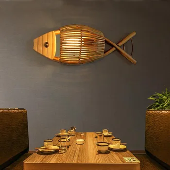 Bambu LED Vintage Candeeiro de Parede Decoração da Arte do Peixe Forma de Luzes para o Restaurante, Bar e Café, Sala de Jantar Lâmpada de Parede Indoor da Iluminação