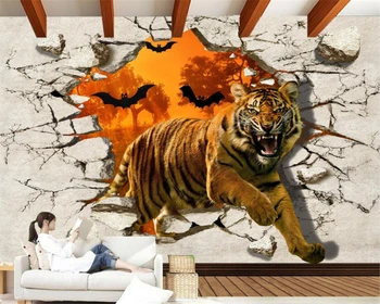 Beibehang papel de Parede Personalizado 3D Ferozes Tigres Quebrado Paredes do lado de Fora Criativo TV na Parede do Fundo Casa Decorativa Mural de parede
