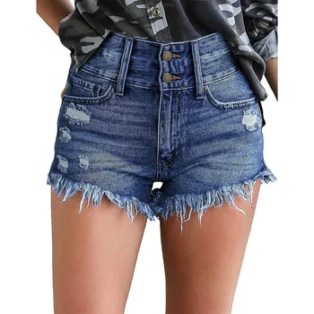 Calças de brim das mulheres de verão, moda feminina personalidade pendulares de alta cintura slim-fit short jeans com raspada bordas