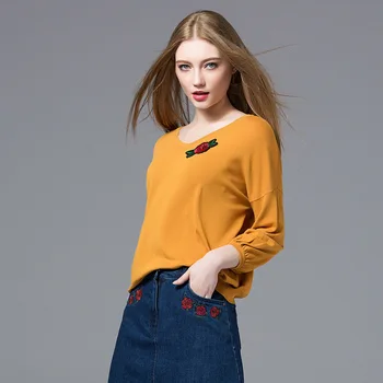 camisola de lã blusas de malha das mulheres tops e blusas de gola alta tamanho plus 2019 primavera, outono Lanterna amarelo Manga Solta
