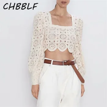 CHBBLF mulheres elegantes ocos blusa praça gola longa lanterna camisa de manga feminino elegante sólida cultura tops, blusas BGB9534