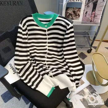 Contraste de cor Listrado Camisola de Malha Casaquinho de Mulheres 2022 Novo Outono coreano Moda O-Pescoço Longo da Luva Único-do-peito-Blusas