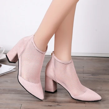 De alta-Top Sandálias de sapatos da Moda Macio e Confortável Respirável Couro Oco Net Botas Novas de Salto Alto Sapatos de Vestido das Mulheres de B