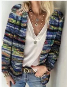 Eleagnt arco-íris listrado de retalhos impresso casaquinho de malha de manga Longa topo 2021 sueter roupas de inverno mulheres jumper de camisola