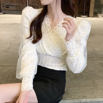 Em 2022, a Primavera da Flor Doce Blusa Branca de Malha Patchwork Blusa de Cruz V-pescoço 4XL Camisas de Manga Longa, as Mulheres Tops Slim Fit 18943