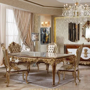 Europeu de luxo em madeira maciça mesa de jantar e cadeira combinação palácio francês esculpida villa mobília de sala de jantar