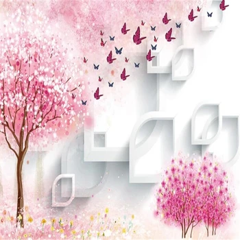 Fantasia de árvore cor-de-rosa borboleta 3D TV na parede do fundo
