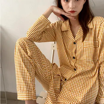 Fernan Coreano Pijamas Mulheres Xadrez Pijama Outono Pijama Amarelo Pijamas De Duas Peças De Conjunto De Roupa De Dormir Sala De Vestir Pijamas Terno Pjs