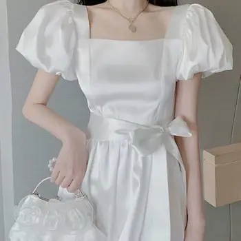 Francês praça decote do vestido das mulheres puff manga cintura vestido elegante Casual de UMA LINHA de vestido curto prom grande shirt dress Regular