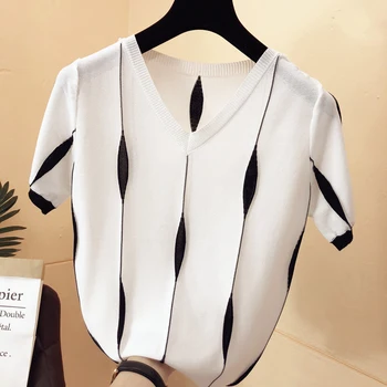 GGRIGHT Fina Blusas de Malha Mulheres Listrado com Decote em V Solta Camisola de Manga Curta Mulher Roupas Camiseta Mulher 2020 Verão Quente