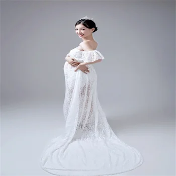 Gravidez Photoshoot Vestido Lace Vestido de Maternidade à Direita com Uma Palavra de Colarinho Fotografia Gravidez Roupas