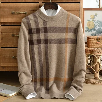 Inverno nova engrossado puro cashmere homens de meia suéter xadrez 100% puro cashmere pulôver de assentamento da camisa