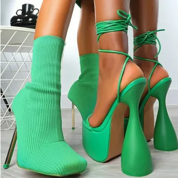 IPPEUM A nova dedo do pé quadrado sexy agulha de tricotar meias botas de mulheres trecho de salto alto meados de tubo de botas de todos-jogo de moda botas de mulher