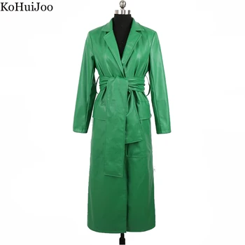 KoHuiJoo Primavera de grandes dimensões Longo de Couro, Trench Coat Mulheres 2022 Moda de Folhas Verde Primavera Elegante Falso Casacos de Couro PU