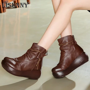 LISUNNY Retro mulheres sapatos de 2021 primavera de couro genuíno sexo Feminino curto botas de couro plataforma de cunhas com ankle boots botas para mulheres