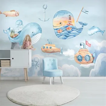 Milofi personalizada foto de papel de parede mural Nórdicos criativo céu uma nuvem branca baleia na parede do fundo do quarto de crianças na parede do fundo