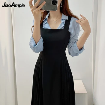 Mulher Cai De 2 Peças do Conjunto de Vestido coreano Office Lady Temperamento Longa Camisa+Ruched Suspender Vestidos com Roupas de Outono Roupas 2021