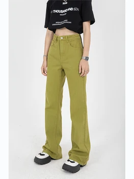 Mulher Verde calças de Brim Retas de Cintura Alta Vintage Largas Calças de Perna Larga coreano Moda Casual Auto Cultivo de Jeans, Calças de Senhoras
