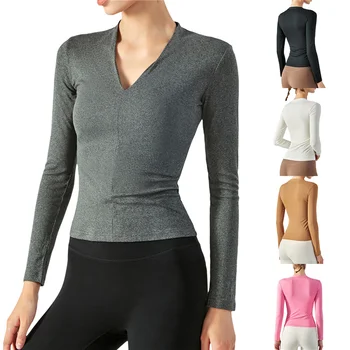 Mulheres De Fitness Yoga T-Shirts De Cor Sólida V-Pescoço Longo Da Luva Elástica De Alta Threaded Assentamento Camisa Slim Fit Treino Tops