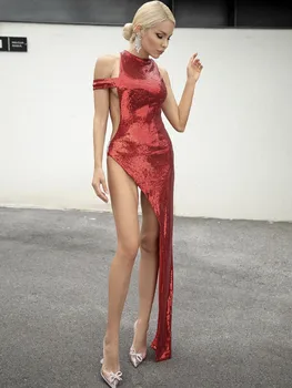 Mulheres de Luxo Vermelho Vestidos de Baile Sexy Corte de Lantejoulas Glitter Assimétrico Vestido Nightwears para Senhoras Discoteca Noite Vestidos de Festa