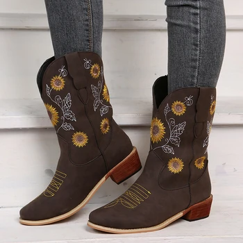 Mulheres de Outono e Inverno Bordado Botas de Cowboy Mulheres de Outono Ocidental Botas Retro Meados Botas de Mulheres da Moda Pontiagudo Dedo do pé Calçados