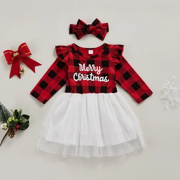 Natal das crianças do Vestido de Xadrez Gola Redonda, Manga Longa, Uma linha de Vestidos com Cabeça de Casual Wear para as Meninas, e 6 meses-5 anos