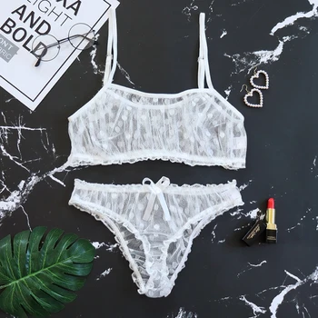 Novo Sexy lingerie erótica cueca de Bolinhas de Malha Babado Guarnição de Rendas na lingerie set-top de laço invisível sutiã sutiãs para mulheres