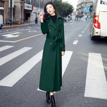 Novo verde escuro casaco de lã no outono e no inverno 2021 em comprimento femininos de moda, fino super longo do comprimento do joelho casaco de lã