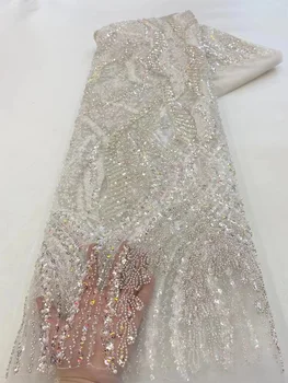 O Casamento luxuoso Tecido de Renda francesa Tecido de Alta Qualidade Lantejoulas Bordadas Africana Net Cordões Com Contas Para Vestido de Festa QF0145