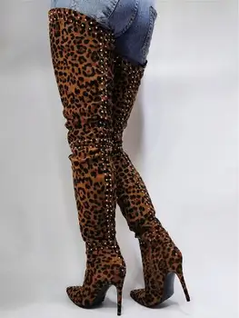 O Transporte Da Gota Mulher Sexy Leopard Sobre O Joelho Rebite Botas Apontou Toe De Salto Agulha Desfile De Dança Coxa Longas Botas Sapatos
