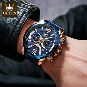 OLEVS melhores marcas de Relógios de Luxo para Homens de Quartzo Moda Cronógrafo relógio de Pulso Leater à prova d'água Correia de Relógios do Esporte
