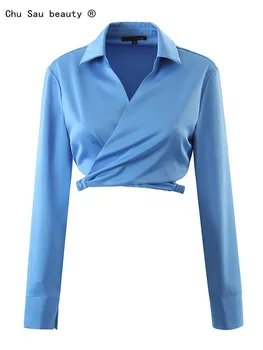Outono Curto Azul Blusas Mulheres Crop Top 2022 Novo Casual Chic Senhoras Pulôver de gola V Manga Longa Solta Armar Camisa Femal