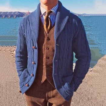 Outono e Inverno Novo Vestuário para homem Magro de manga comprida de Malha, Casaco Azul Cardigan Casaco de Camisola