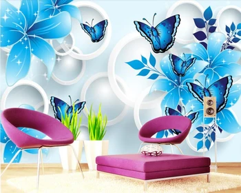 Papel de parede Azul Lily Borboleta 3D papel de parede,sala de TV, sofá parede do quarto de banho restaurante bar papéis de parede decoração da casa