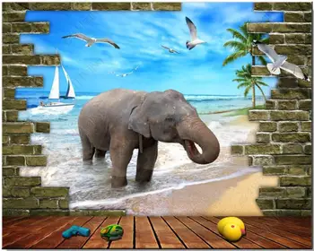 personalizada foto mural 3d papéis de parede quebrada da parede da praia do mar do palmeiras elefante papéis de parede para parede em rolos de decoração sala de estar