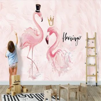 Personalizado high-end papel de parede Nórdicos, ins-de-rosa casal flamingo crianças da sala na parede do fundo