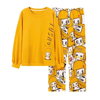 Pijama Feminino Outono e Inverno de Algodão Conjunto de Casual Cartoon Pode Ser Usado Fora TheKoreanVersionofLooseStudentHomeclothes