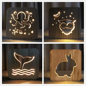 Polvo Coruja Rabo de Baleia Coelho 3D de Madeira Lâmpada Branco Quente Noite, as Luzes de Casa Decoração do Quarto Lâmpada de Tabela de Presente de Aniversário para Crianças Amigo