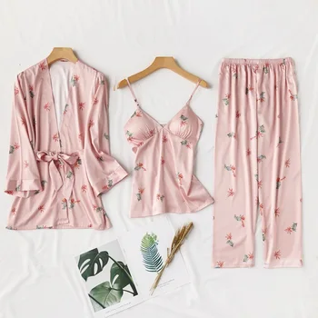 Primavera, Outono, Pijamas Senhora de Verão Sexy Traje Conjuntos de Cetim de Seda da Camisola Nova Moda Feminina Homewear 3-PC Definir Estilo coreano