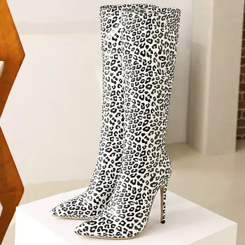 PU Couro Mulher Leopardo Super em Alta Calcanhar Sapatos Outono Inverno Joelho Alto Botas de Mulheres Snakeskin Leopard Longo de Botas Sexy Sapatos de Mulher