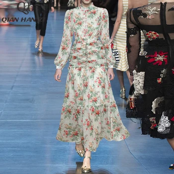 Qian Han Zi designer de moda runway maxi vestido das Mulheres lanterna mangas vintage Flor de impressão Slim Botões elegante vestido Longo