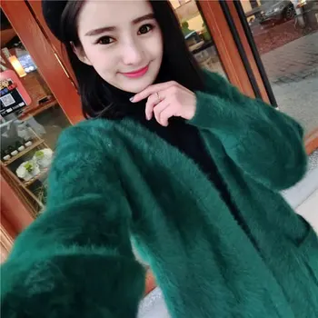 Qiu dong novo vison casaco de lã longo de moda v-pescoço vison casaco de lã espessamento de vison casaquinho de lã