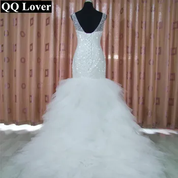 QQ Amante Novo e Luxuoso Beaded Vestido de Noiva Sereia 2019 Super Brilhantes esferas de Vestido De Noiva Com Fotos Reais