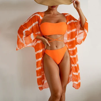 Sexy Listrado 3pc Bikini Terno da Moda Sólido sem Alças Curativo Cruz trajes de Banho+Malha de Manga Longa, Cobrir Terno Novo de Férias Beachwear